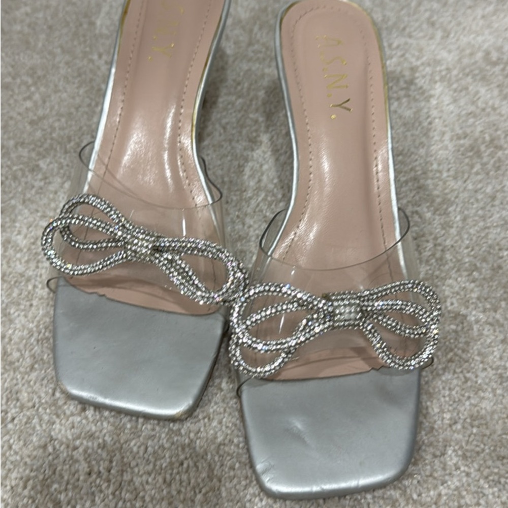 Silver Women's Slide Sandals heel bow